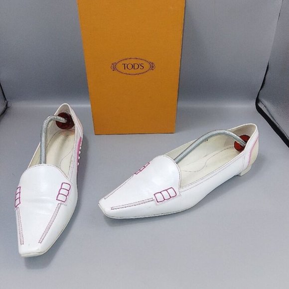 TOD'S White Leather Flat Shoes Size UK 8 EU 41 Eve Sport Pointed Toe Pink-Stitch - Picture 5 of 10